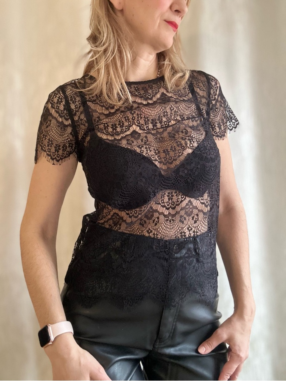 Second Female Black Floral Lace Sheer Blouse - Size XS